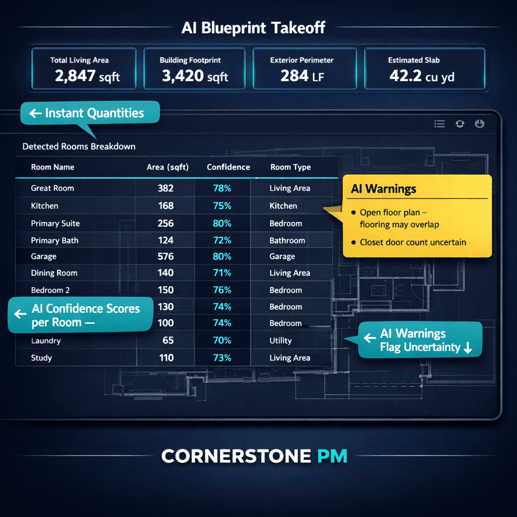 Blueprint AI extracting material scopes from a residential home builder floor plan PDF
