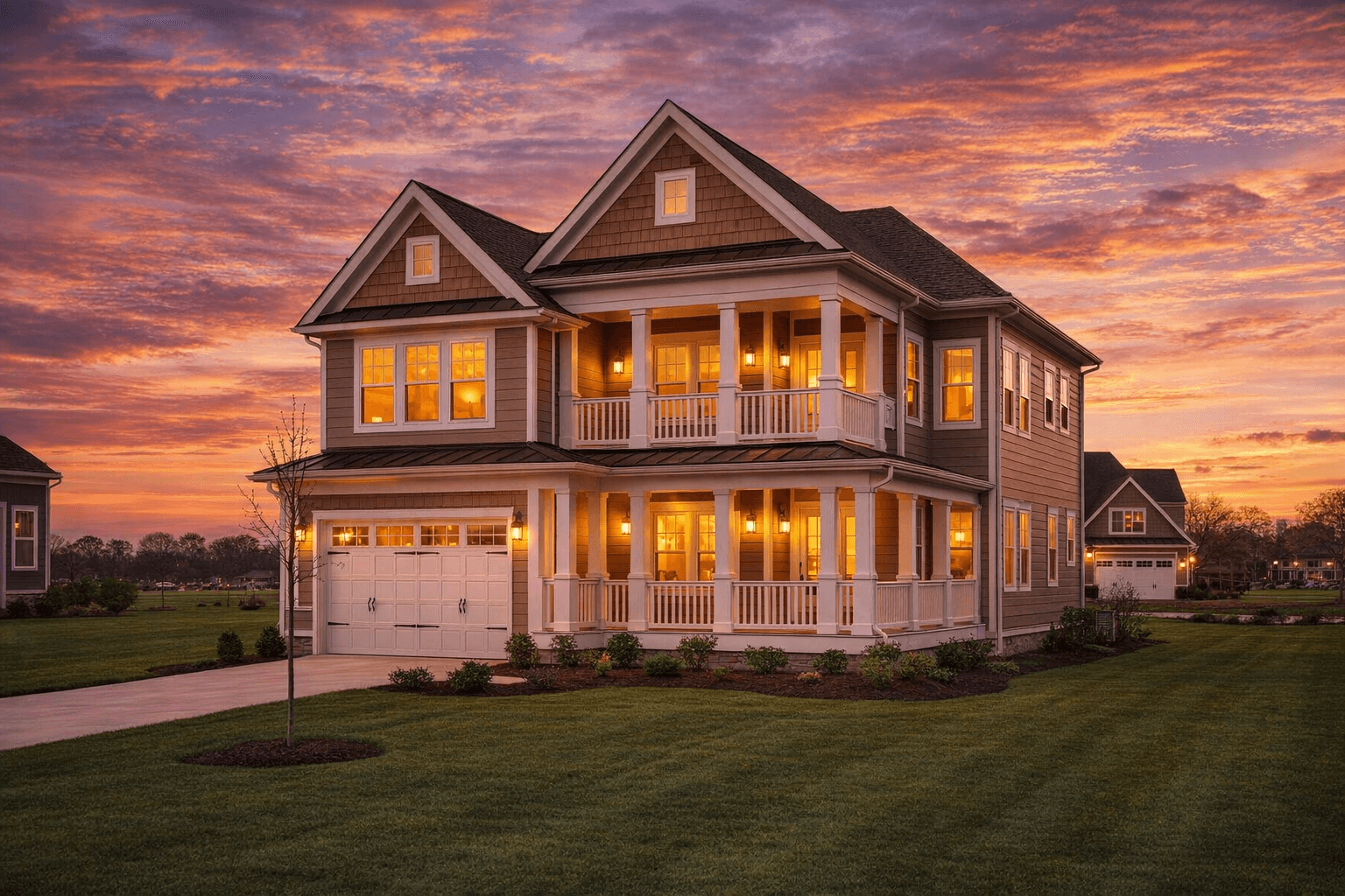 New construction home exterior at twilight — the kind of home Foreman AI writes an MLS listing for from floorplan data in Cornerstone PM