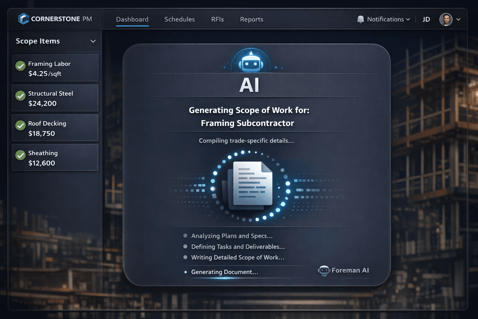 AI-generated scope of work for subcontractors — trade-specific construction SOW built from scope items and vendor pricing