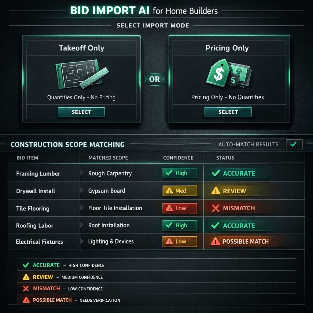 Bid import software for home builders — Cornerstone Bid Import AI scope matching with takeoff and pricing modes