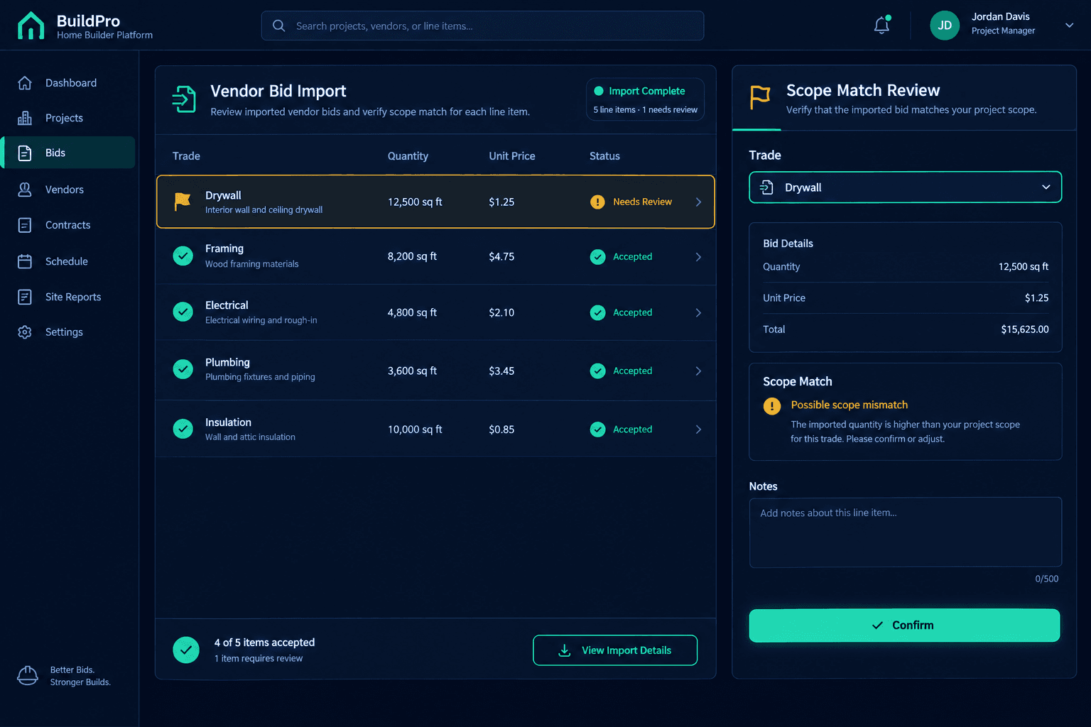 construction bid import scope matching illustrated with Cornerstone PM workflow review notes