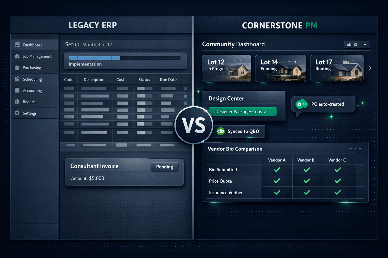 BuilderMT alternative — Cornerstone PM modern all-in-one production home builder software vs a legacy ERP stack