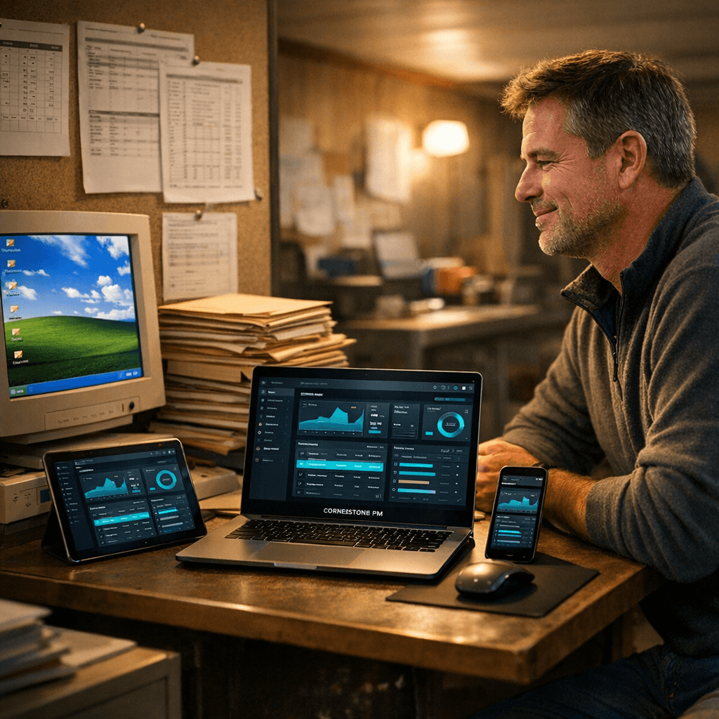 BuildPro legacy desktop home builder software next to Cornerstone PM modern web-native stack