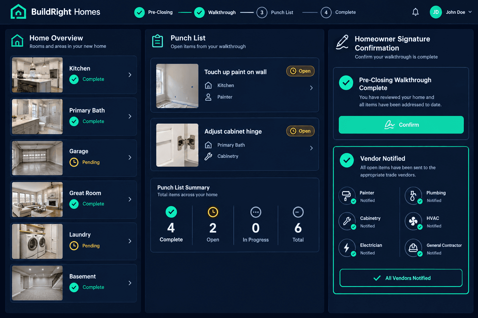 Home builder buyer orientation walkthrough software — pre-closing checklist tracking punch list items by room, trade, and homeowner signature