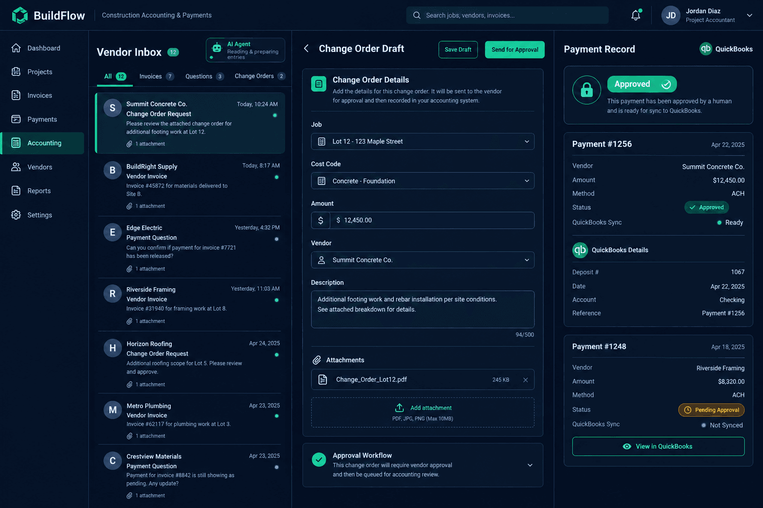 AI accounting inbox for builders illustrated with home schedules, vendor records, and purchasing details