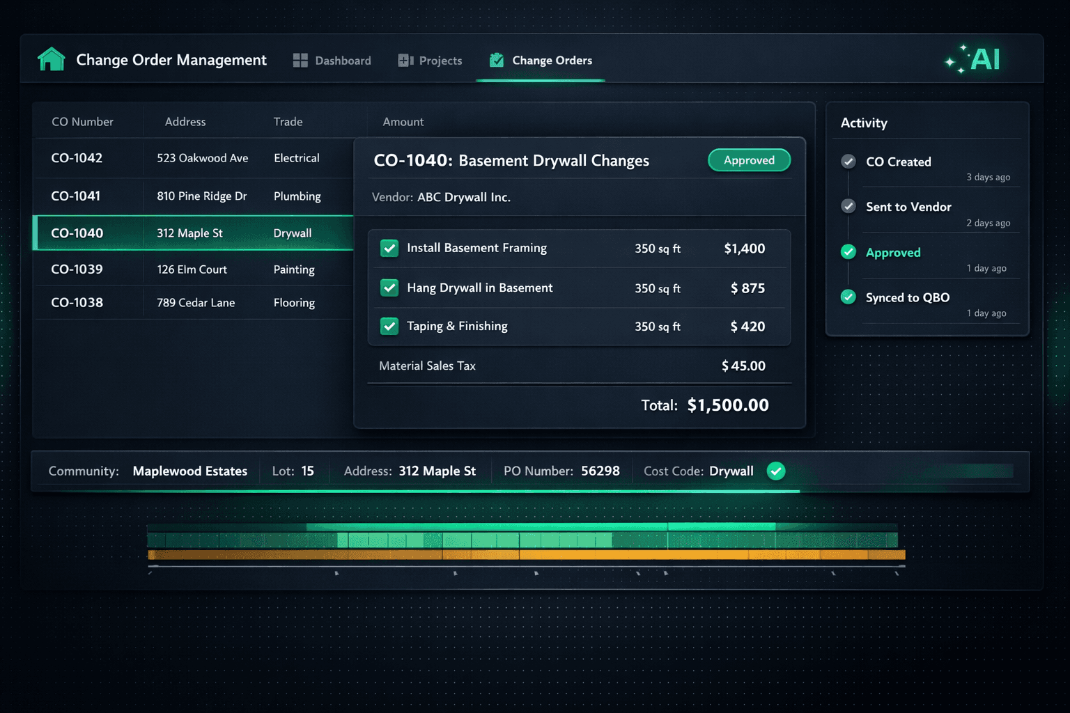 Construction change order management — approved change orders syncing to QuickBooks with vendor-priced line items in Cornerstone