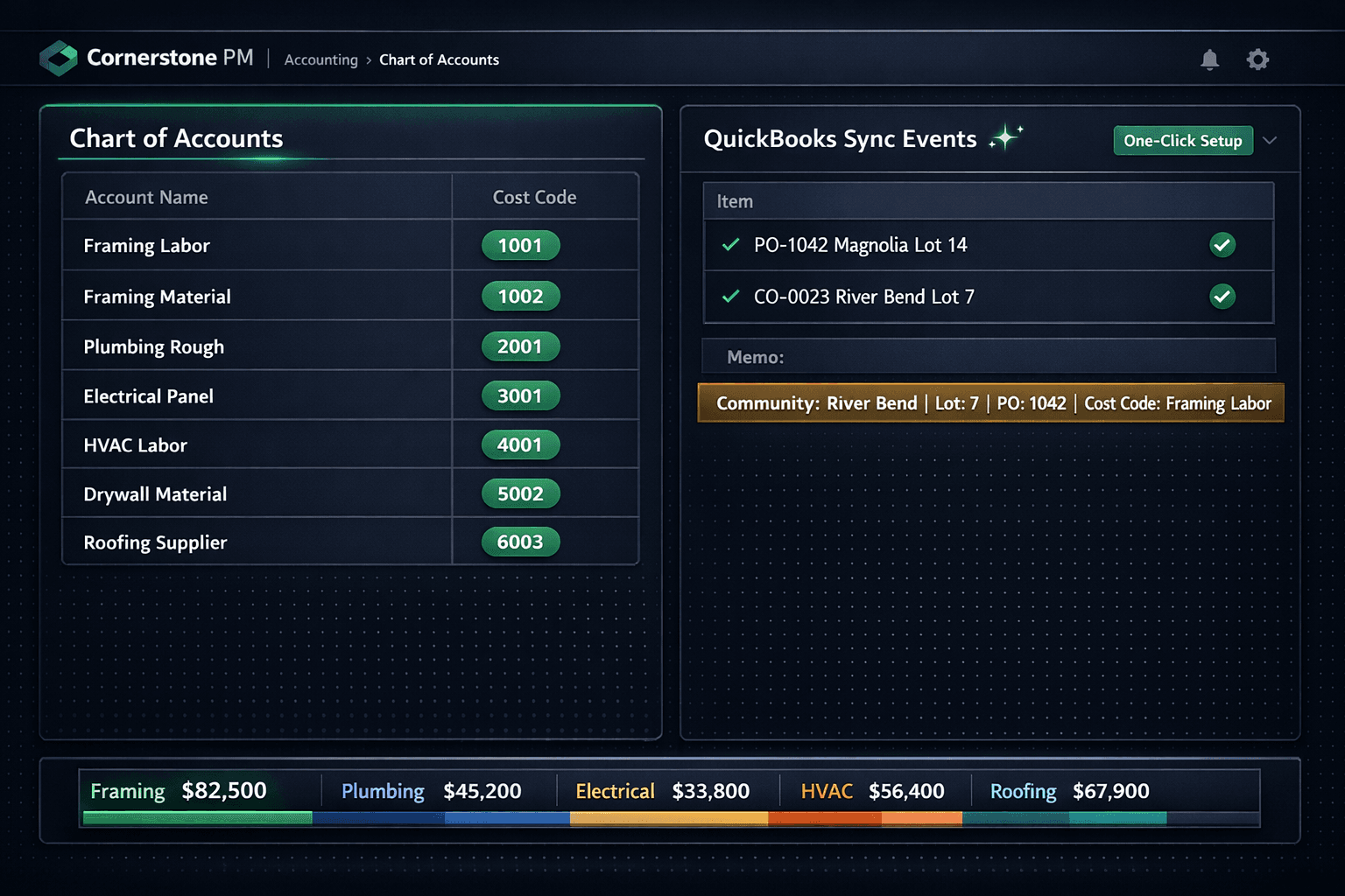 Construction chart of accounts — cost codes mapping to QuickBooks accounts for home builder job costing