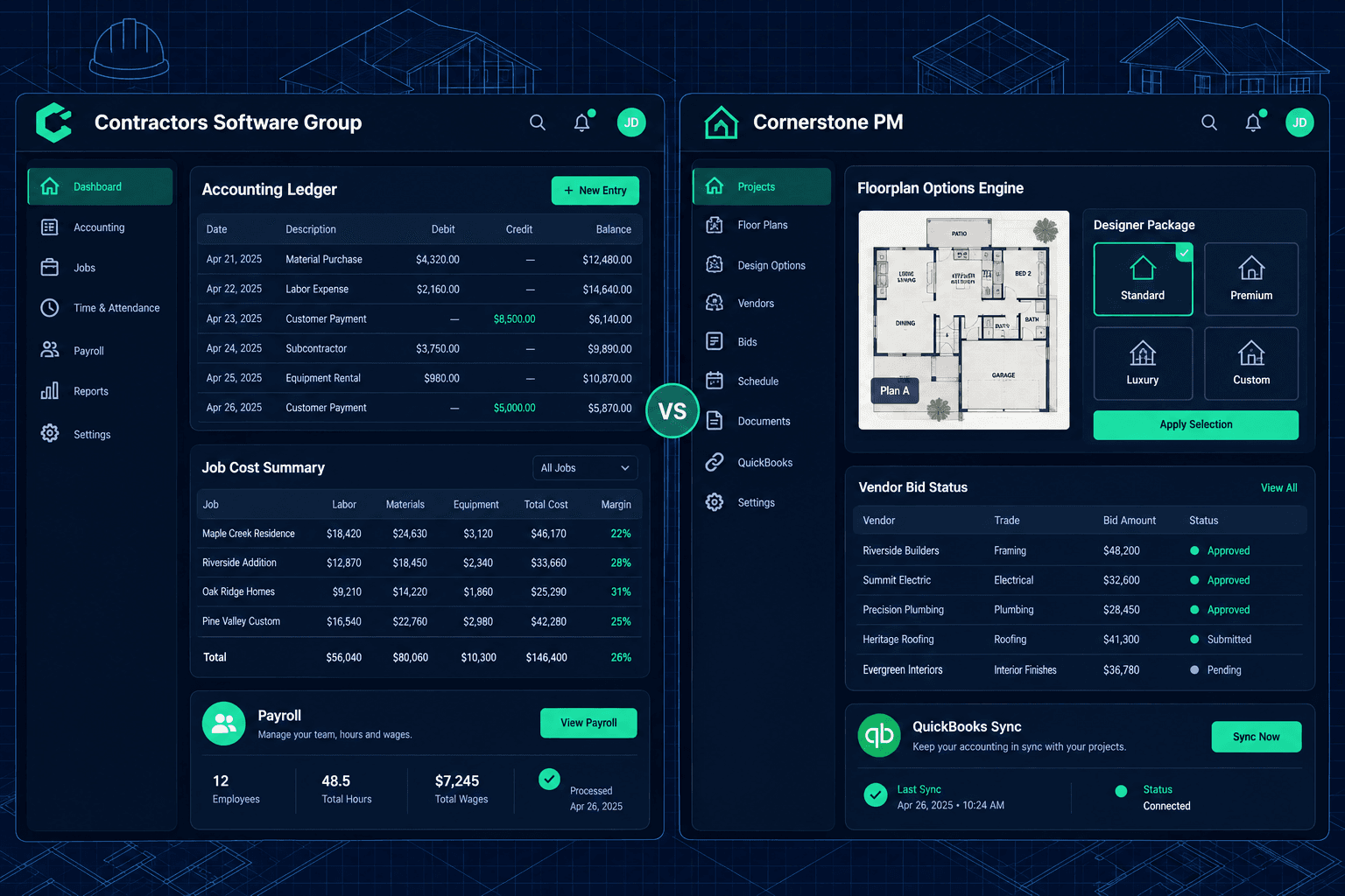 Contractors Software Group vs Cornerstone PM shown with connected home, scope, vendor, and schedule review panels