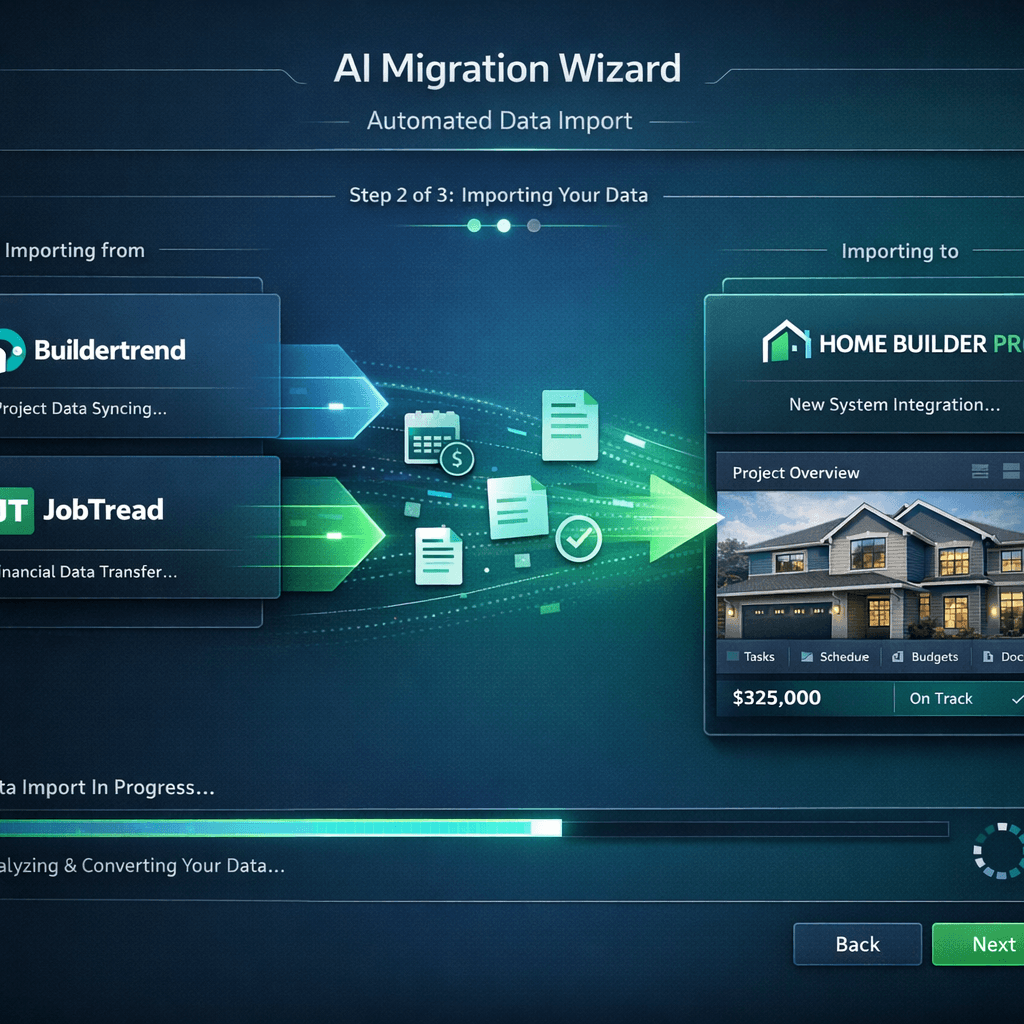 AI construction software migration wizard importing data from Buildertrend and JobTread into Cornerstone PM