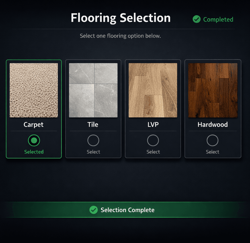 Design center exclusion groups in Cornerstone PM letting home buyers pick one flooring option from carpet, tile, LVP, or hardwood