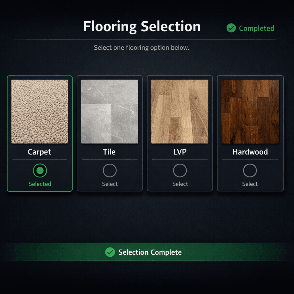 Design center exclusion groups in Cornerstone PM letting home buyers pick one flooring option from carpet, tile, LVP, or hardwood