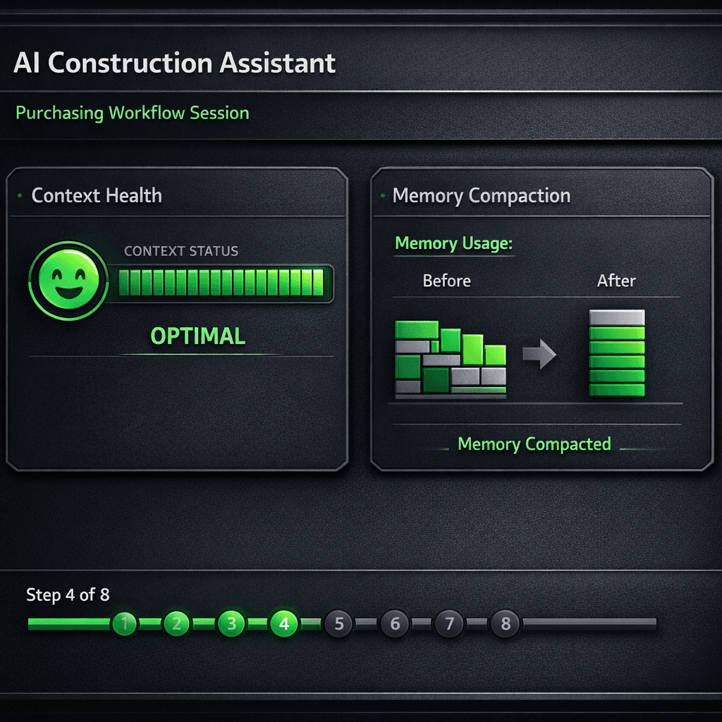 Construction AI that doesn't forget — Foreman context health meter and memory compaction during a long purchasing session