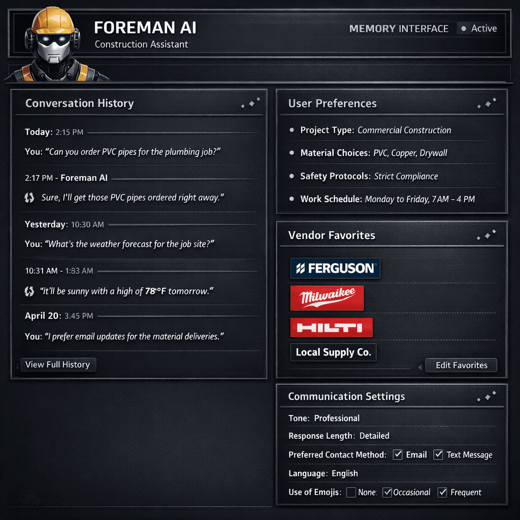 Foreman AI construction assistant remembering builder preferences and vendor history across conversations