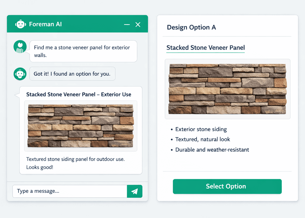 AI construction product image search in Foreman AI pulling supplier images into a Cornerstone PM design option