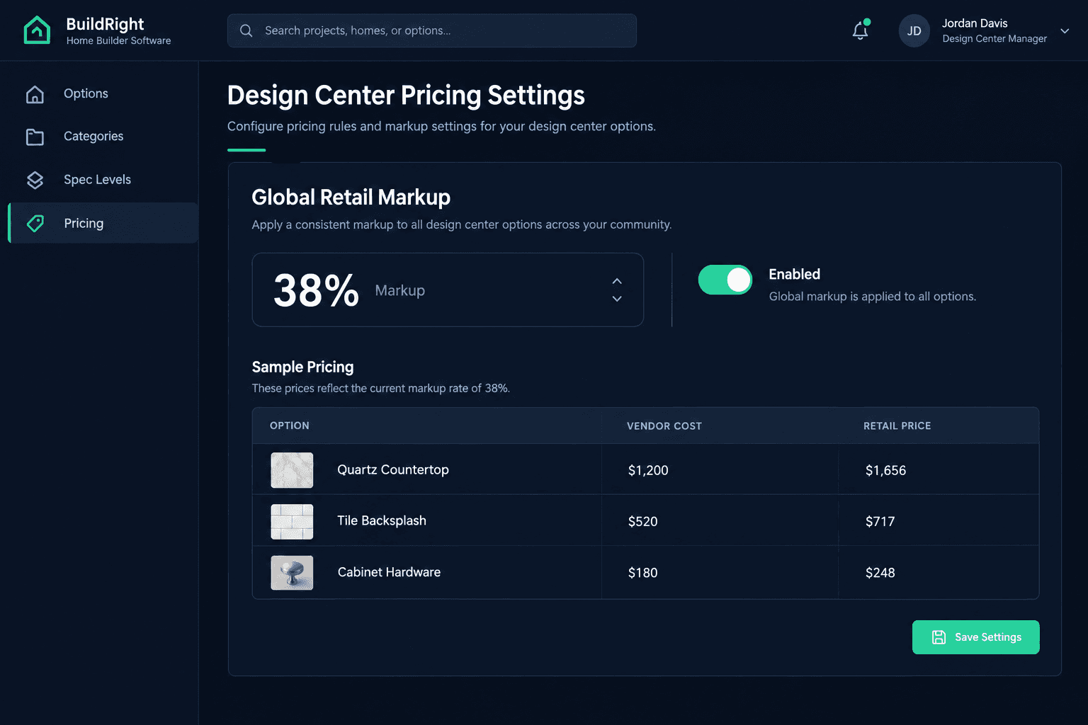 global retail markup for design options illustrated in a Cornerstone PM home builder workflow dashboard
