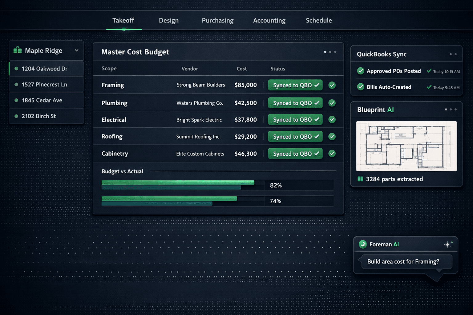 Home builder project management software — Cornerstone unifies takeoff, design, purchasing, and QuickBooks accounting