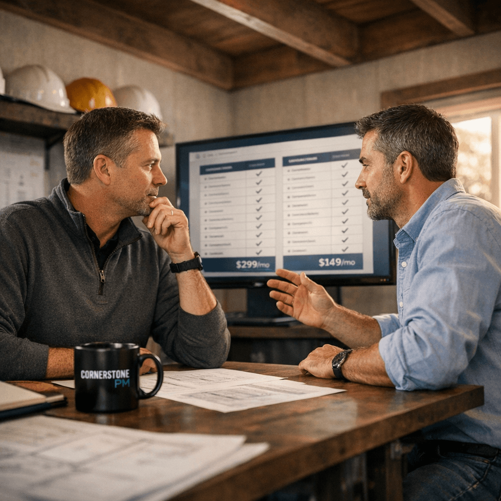Home builder team reviewing home builder software comparison on a monitor in their site office