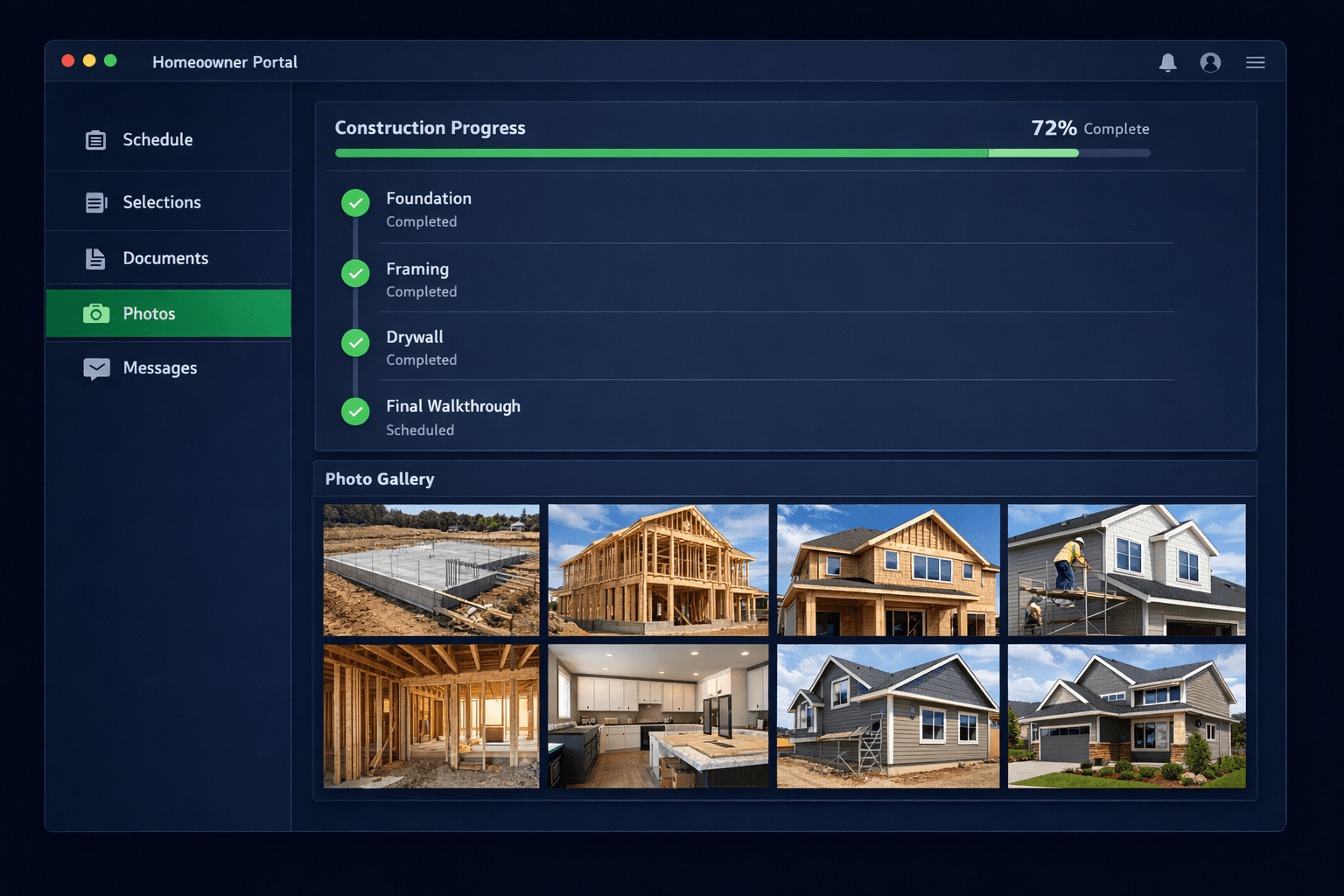 Homeowner portal dashboard showing construction progress, milestone checklist, and jobsite photo gallery for a production home builder
