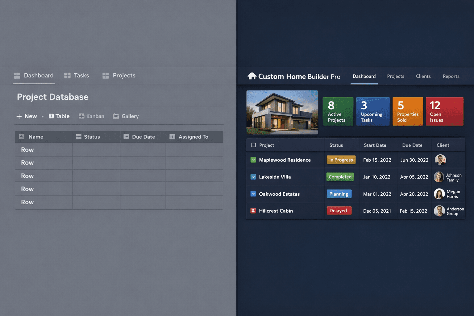 Notion vs home builder software comparison — flexible workspace tables versus purpose-built construction scheduling and takeoff