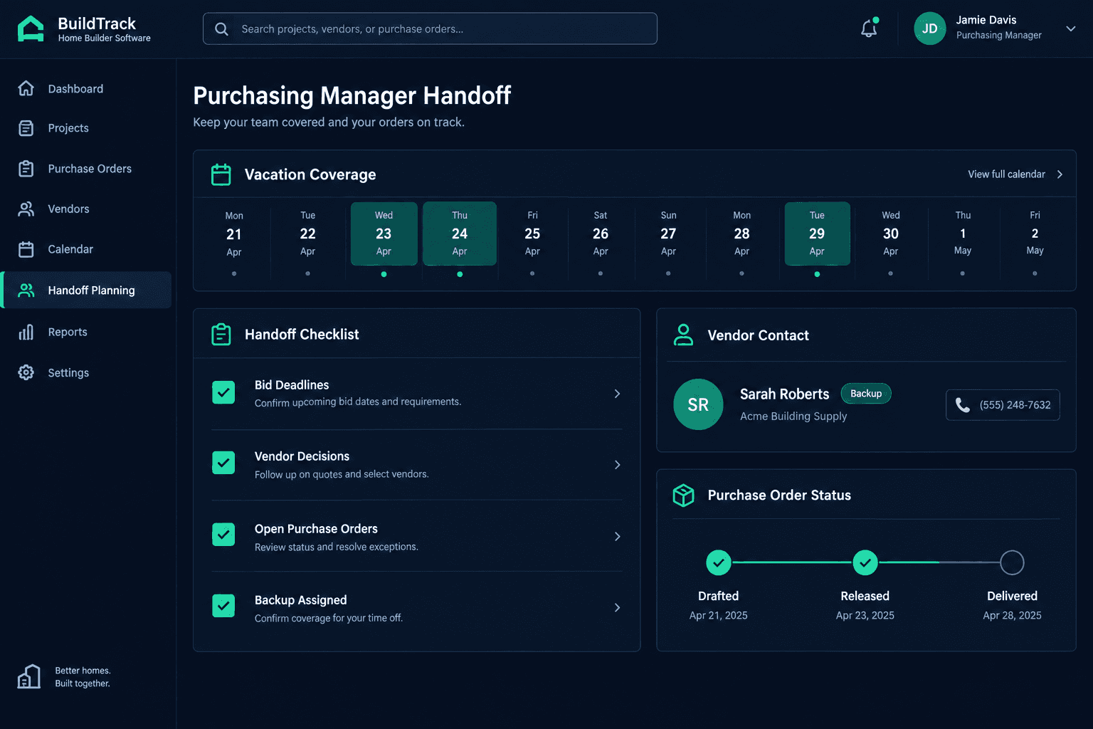 purchasing manager vacation handoff shown in a Cornerstone PM workflow dashboard for home builders