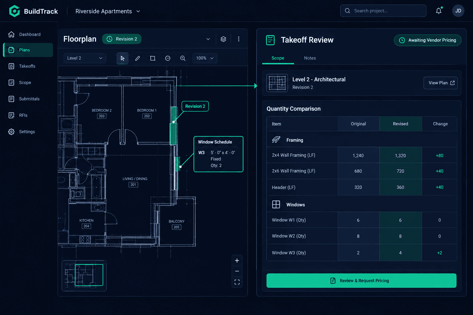 revised floorplan takeoff review shown with connected home, scope, vendor, and schedule review panels
