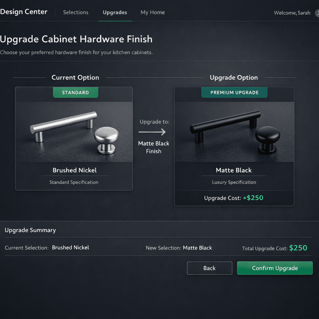 Design center upgrade pricing — promoting a standard finish to a paid upgrade via spec level change in Cornerstone PM