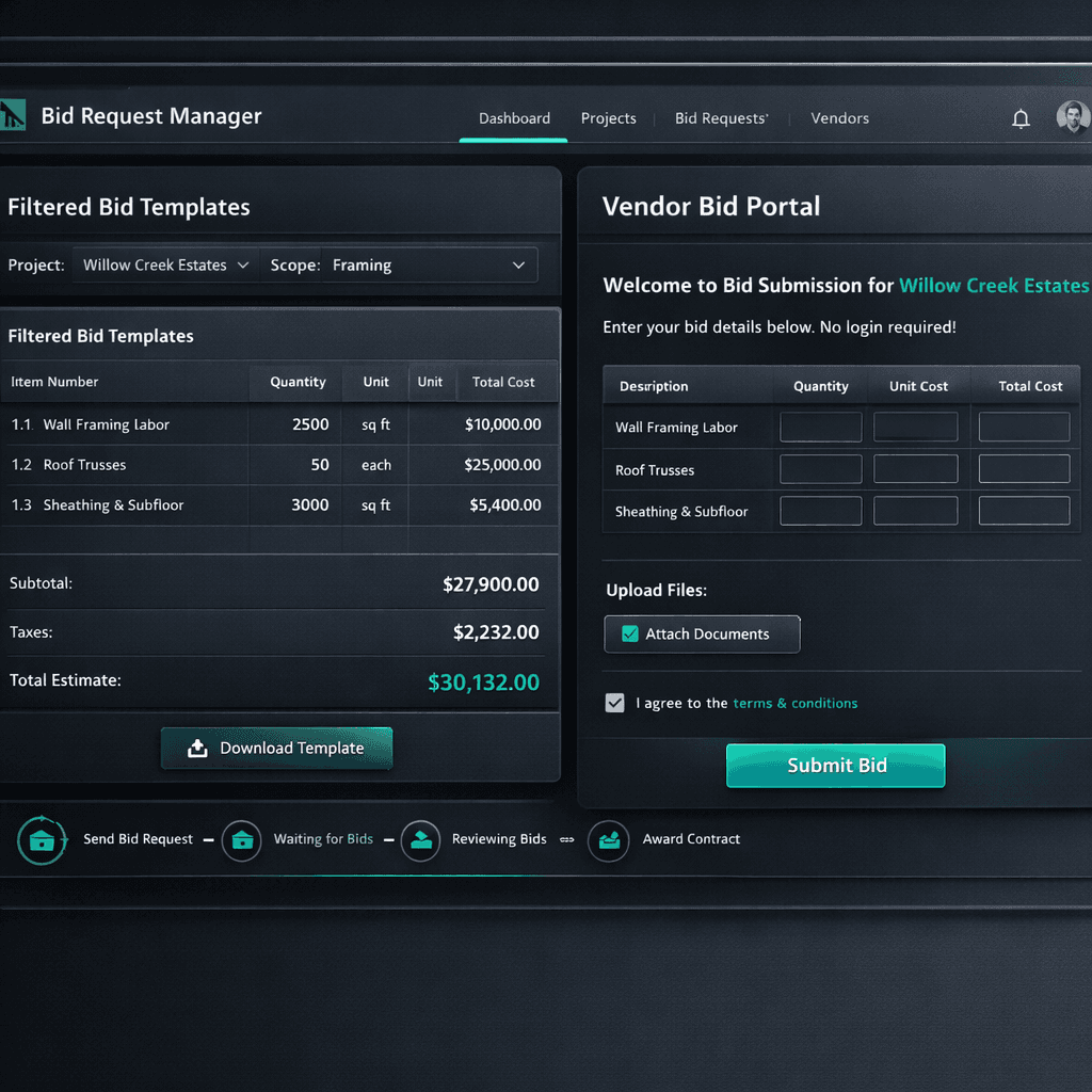 Construction bid request software showing scope-filtered Excel templates and a no-login vendor portal in Cornerstone PM