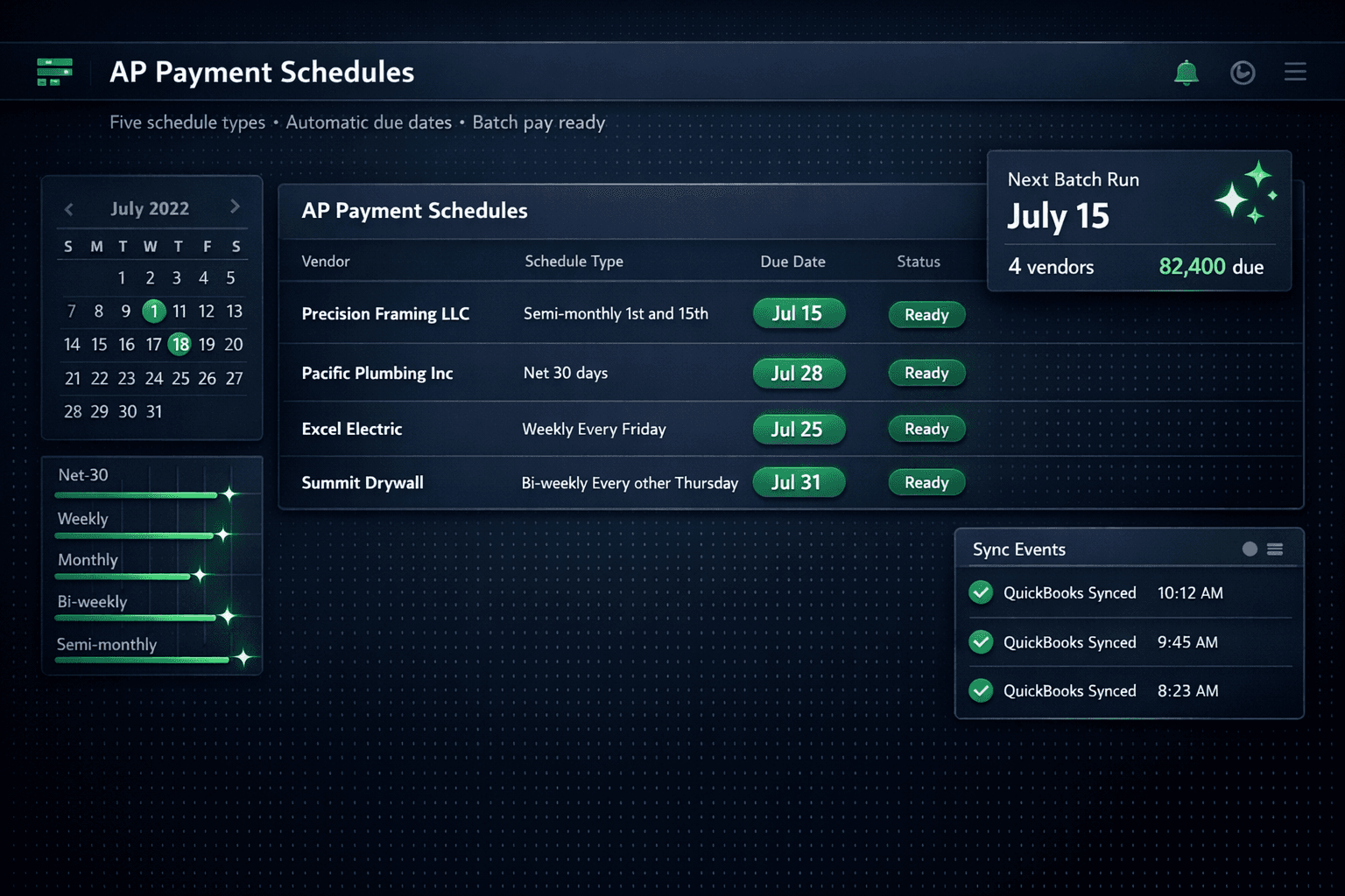 Vendor payment schedule construction software — five AP schedule types including semi-monthly paydays in Cornerstone