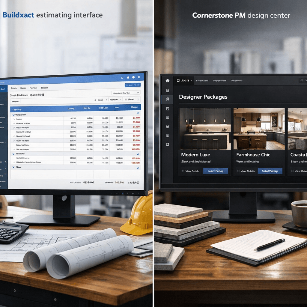 Home builder selections software vs design center comparing Buildxact estimating to Cornerstone PM Designer Packages
