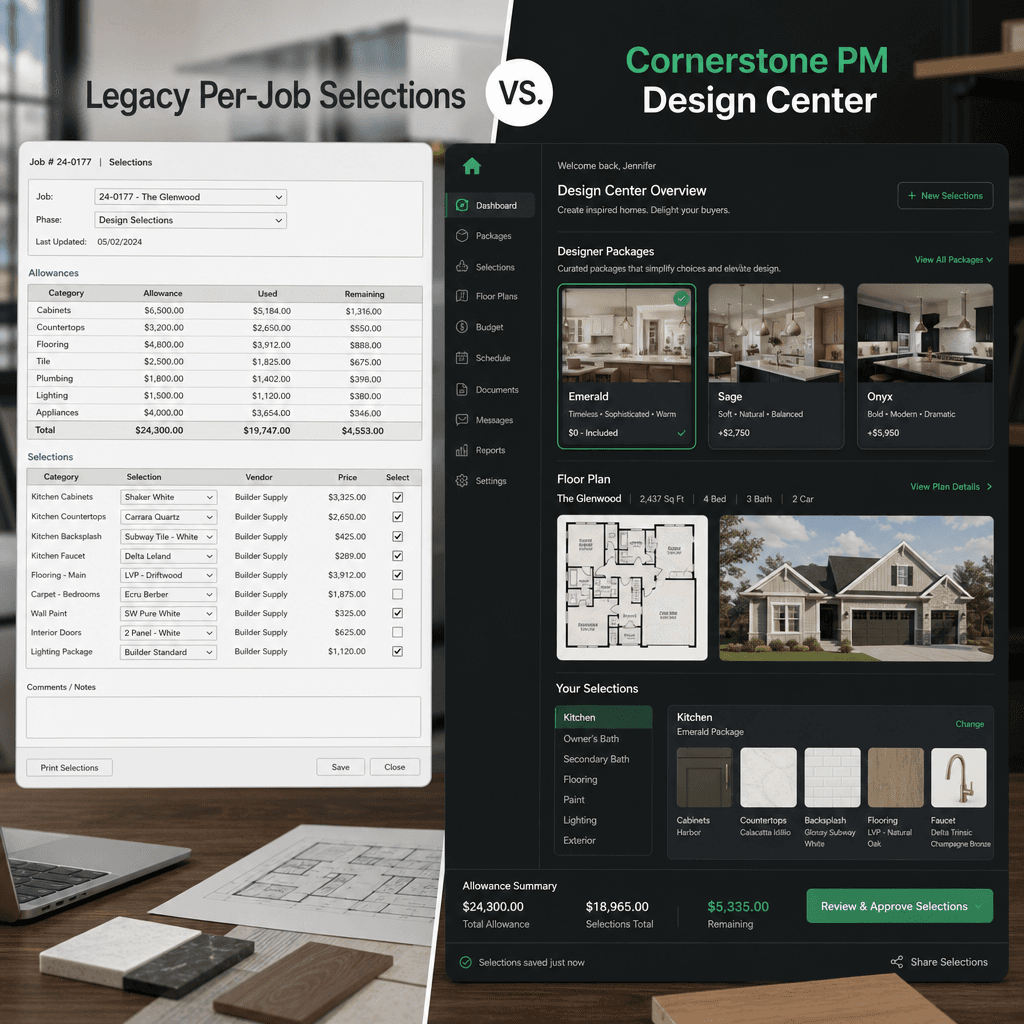 Production home builder design center software comparing CoConstruct job-level selections to Cornerstone PM Designer Packages