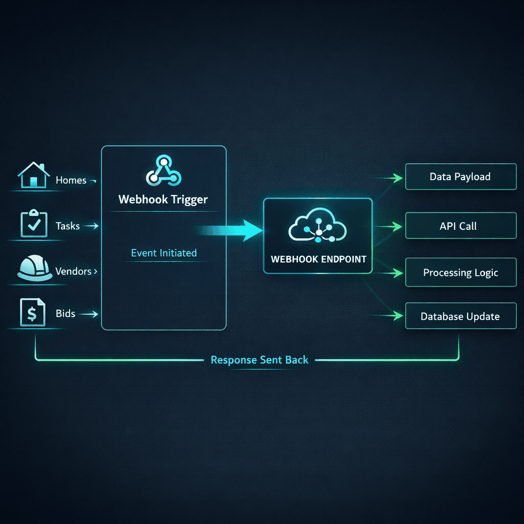 Construction software webhooks diagram showing 37 typed events powering builder automation in Cornerstone PM