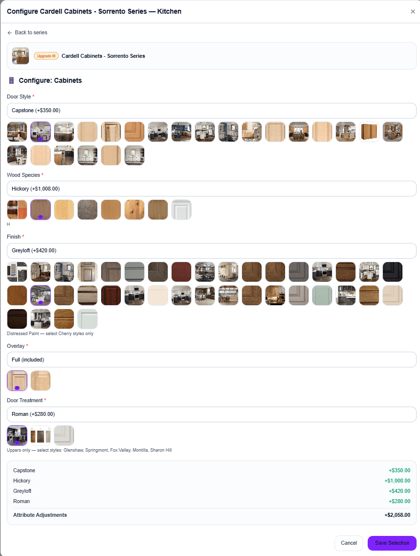 Buyer-facing Cardell Cabinets configurator showing Door Style, Wood Species, Finish, Overlay, and Door Treatment selections with thumbnails and live per-attribute pricing totaling +$2,058