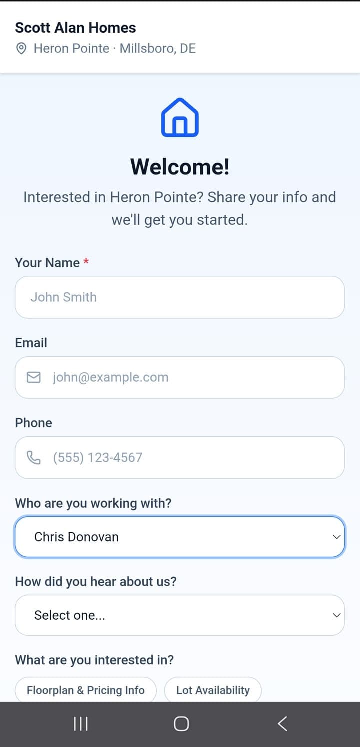 Sales model home QR buyer self-registration screen on a phone, capturing name, email, and phone