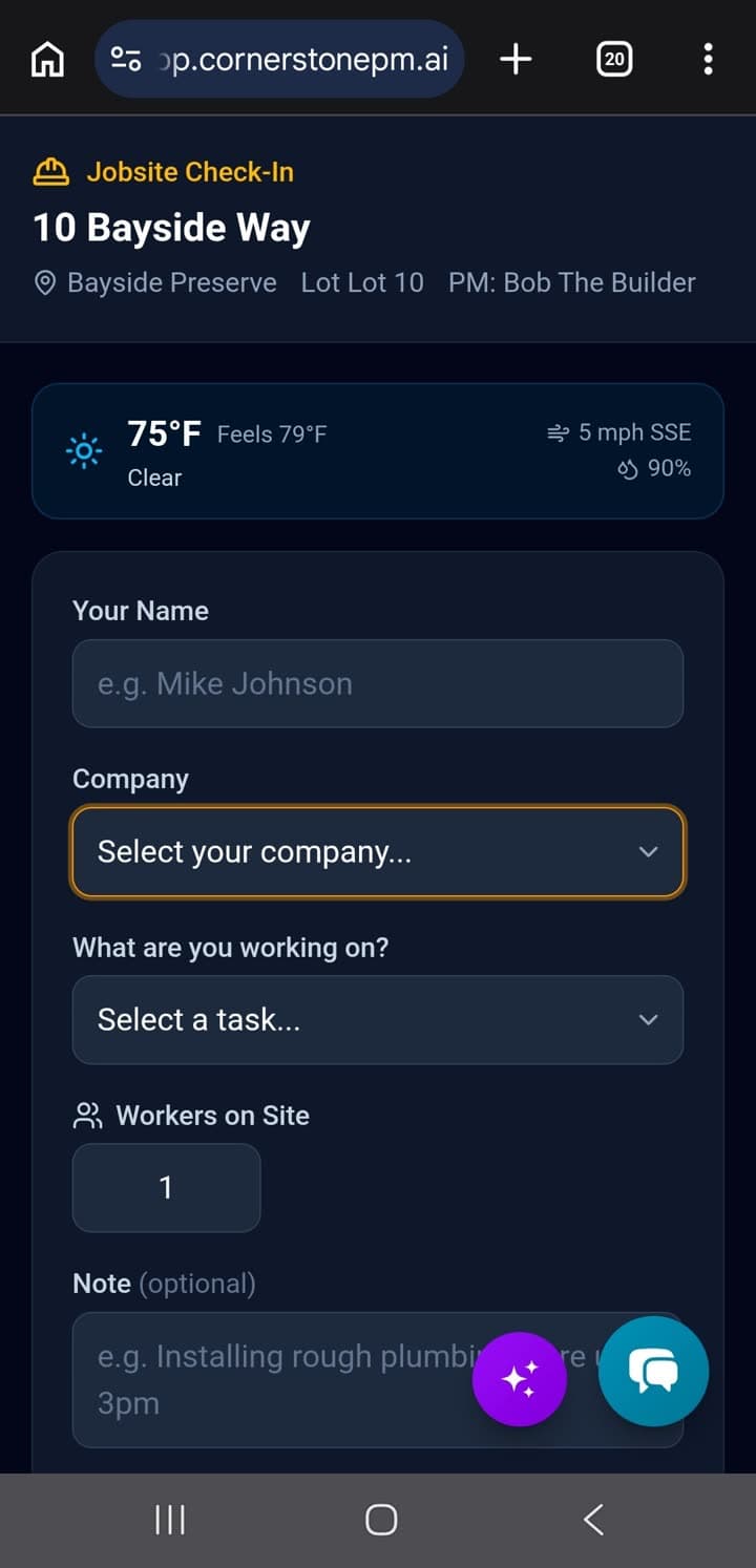 Vendor jobsite QR check-in screen on a phone, showing the scheduled task auto-flipping to In Progress