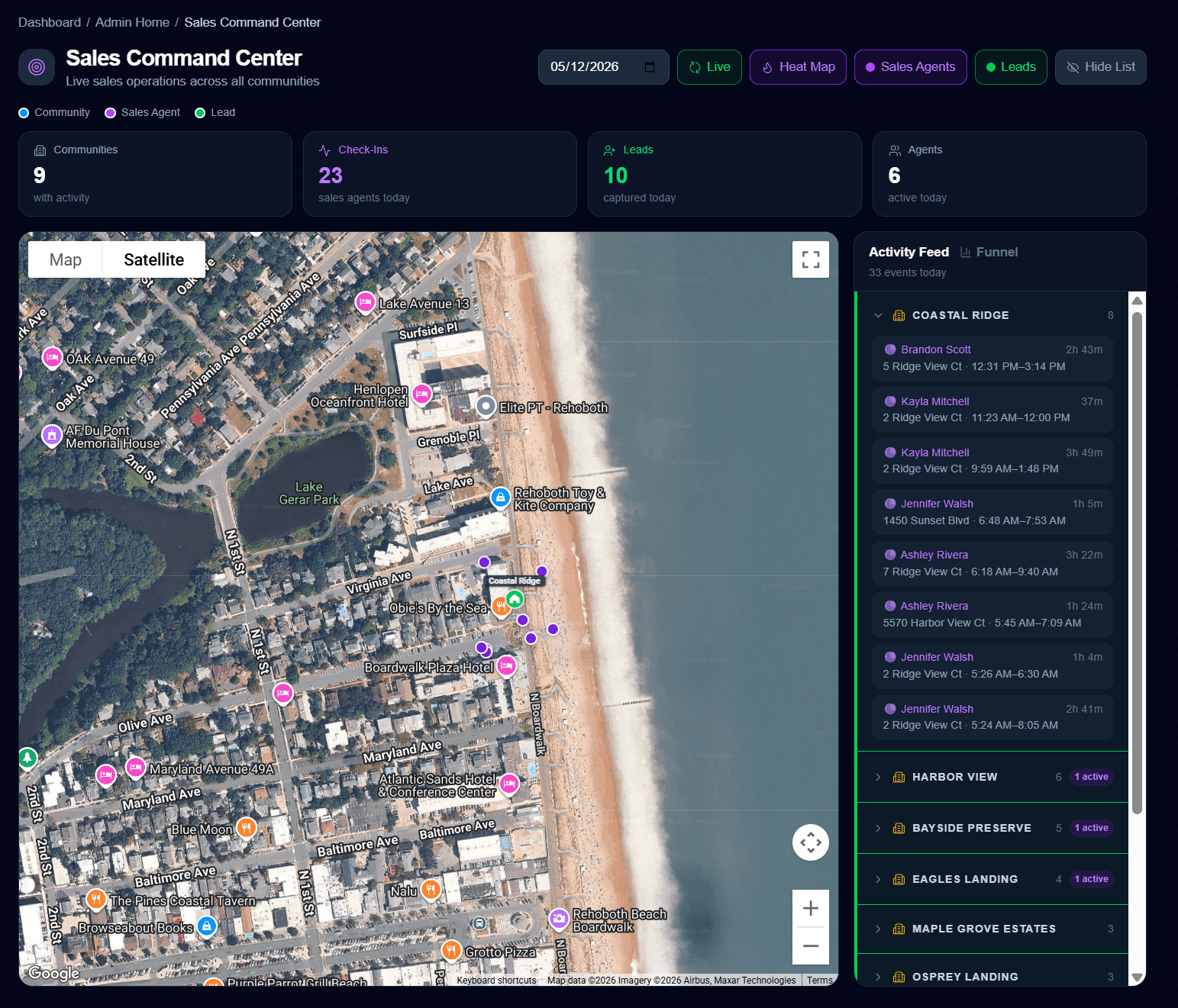 Sales Command Center detail view - zoomed in on Coastal Ridge community in Rehoboth Beach with the model home pinned, sales-agent check-in pins clustered around it, and lead-buyer address pins nearby. Activity feed shows named reps with check-in time ranges per address.
