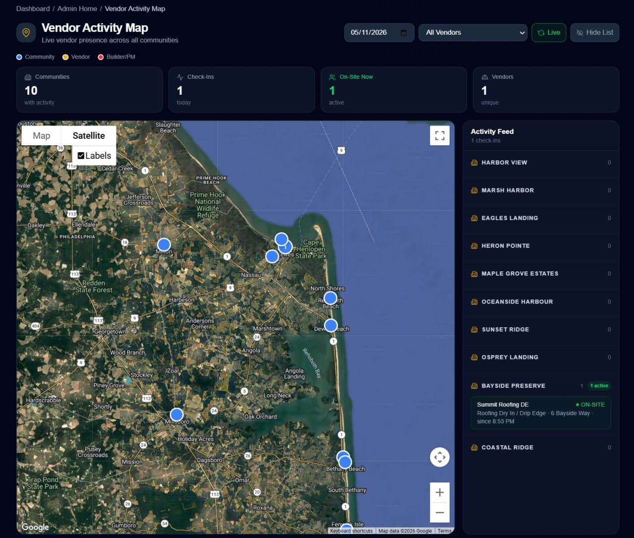 Vendor Activity Map desktop view - Google Maps satellite of coastal Delaware with pinned communities, stat cards showing 10 communities and 1 on-site check-in, and live activity feed showing Summit Roofing DE on-site at Bayside Preserve