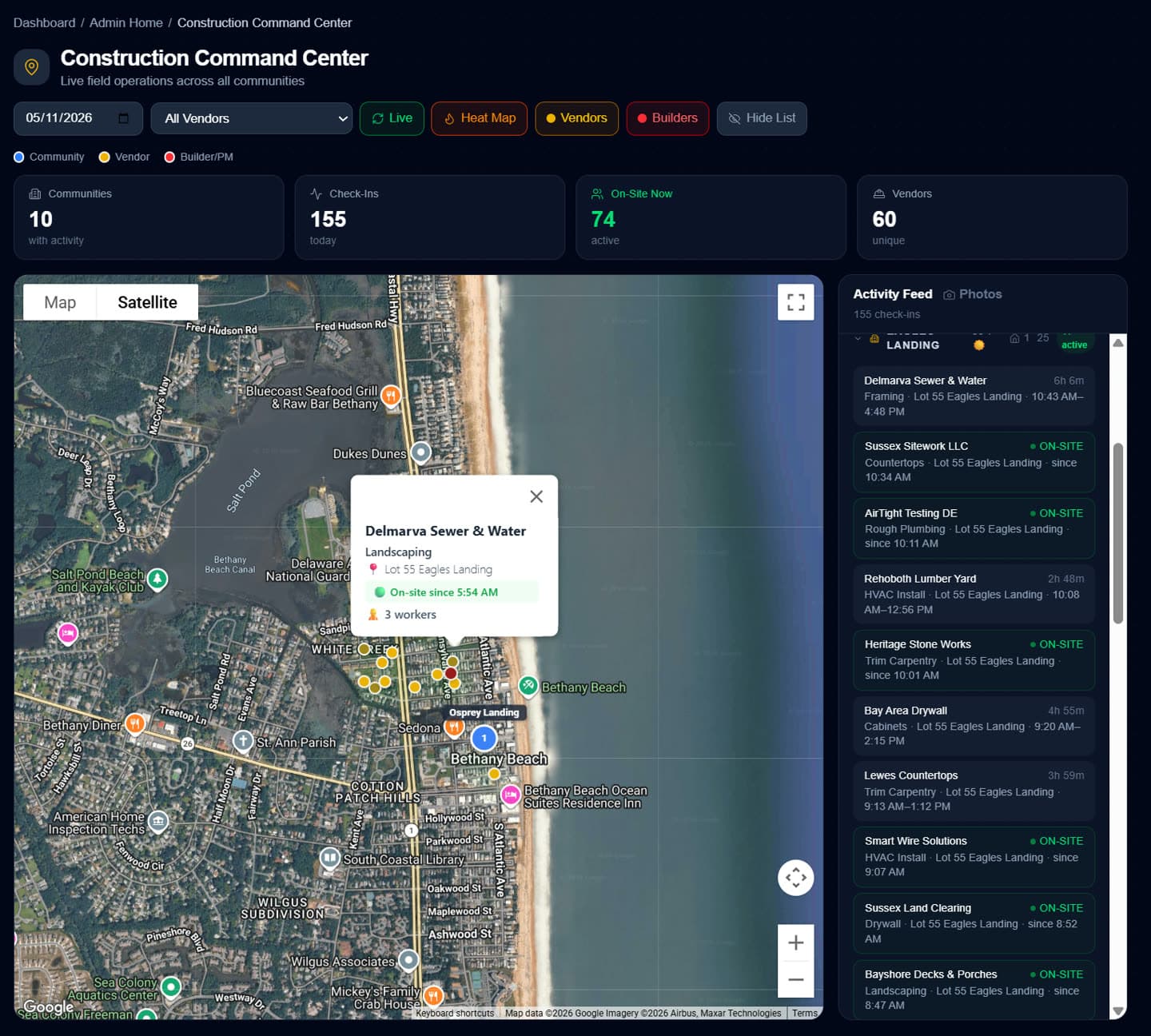 Vendor Activity Map detail view - clicking a vendor pin opens a popup with vendor name, trade, lot, and time on-site, while the activity feed expands to show every vendor working that community with start/end times