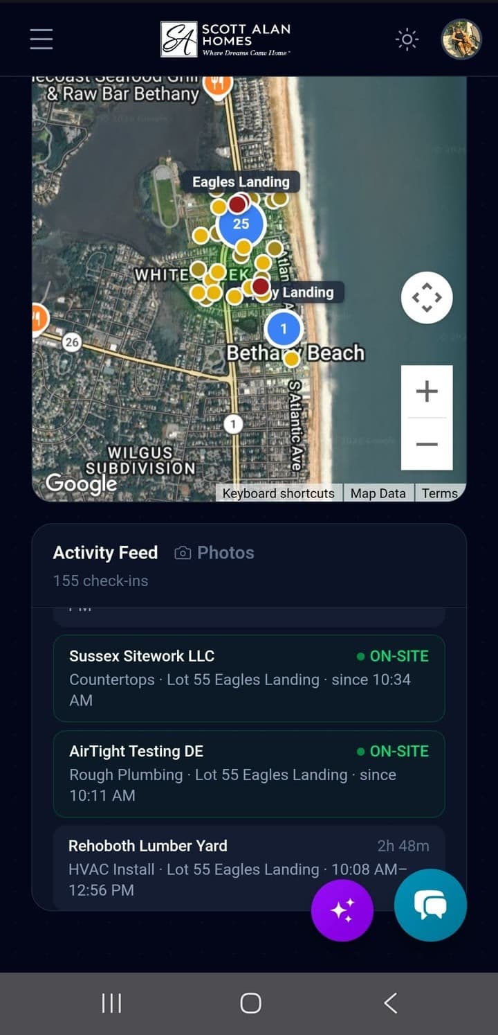 Vendor Activity Map mobile detail view - zoomed into Eagles Landing community with vendor check-ins, trades, lots, and on-site timestamps in the activity feed below the map