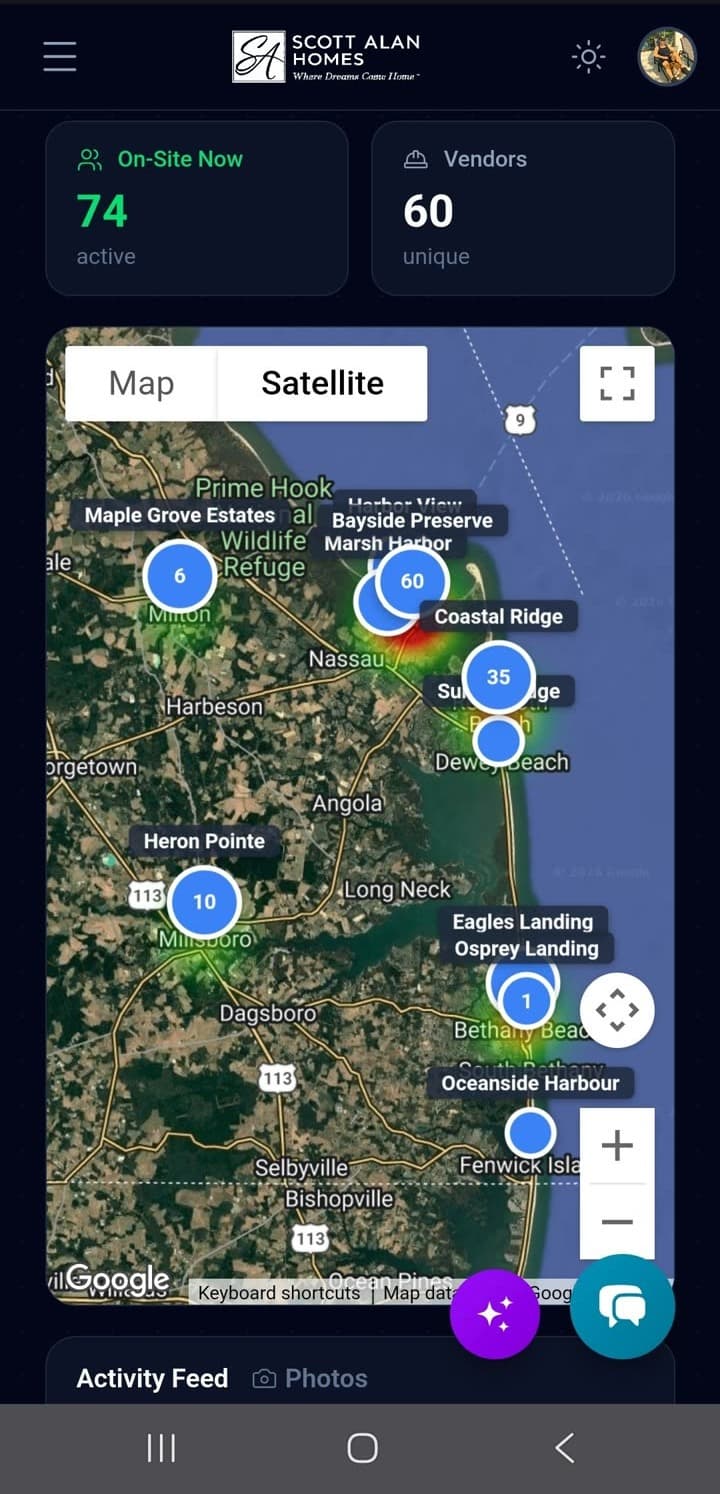 Vendor Activity Map mobile overview - the full coastal Delaware map with heat-map overlay and clustered check-in counts running on a phone, with stat cards showing 74 on-site now and 60 unique vendors
