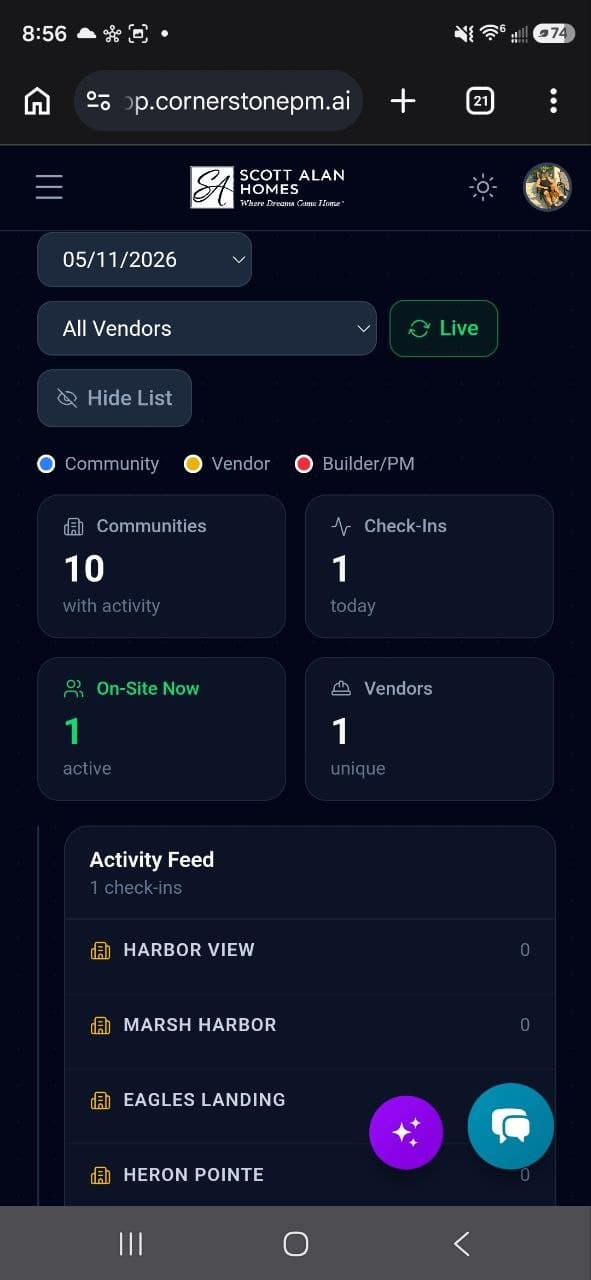 Vendor Activity Map mobile view - same live map running on a phone with stat cards and activity feed
