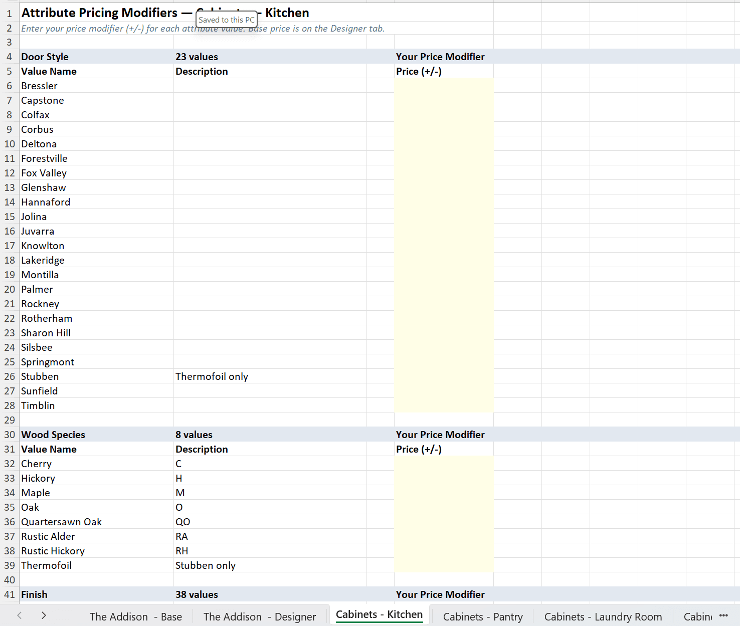 Auto-generated vendor bid template in Excel titled 'Attribute Pricing Modifiers - Cabinets - Kitchen' with Door Style, Wood Species, and Finish sections, plus a yellow Price (+/-) column for the vendor to fill in per attribute value