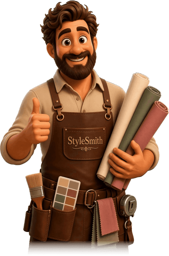 StyleSmith AI™ mascot — a bearded craftsman in a leather apron holding material rolls, with a paint brush and color swatch palette